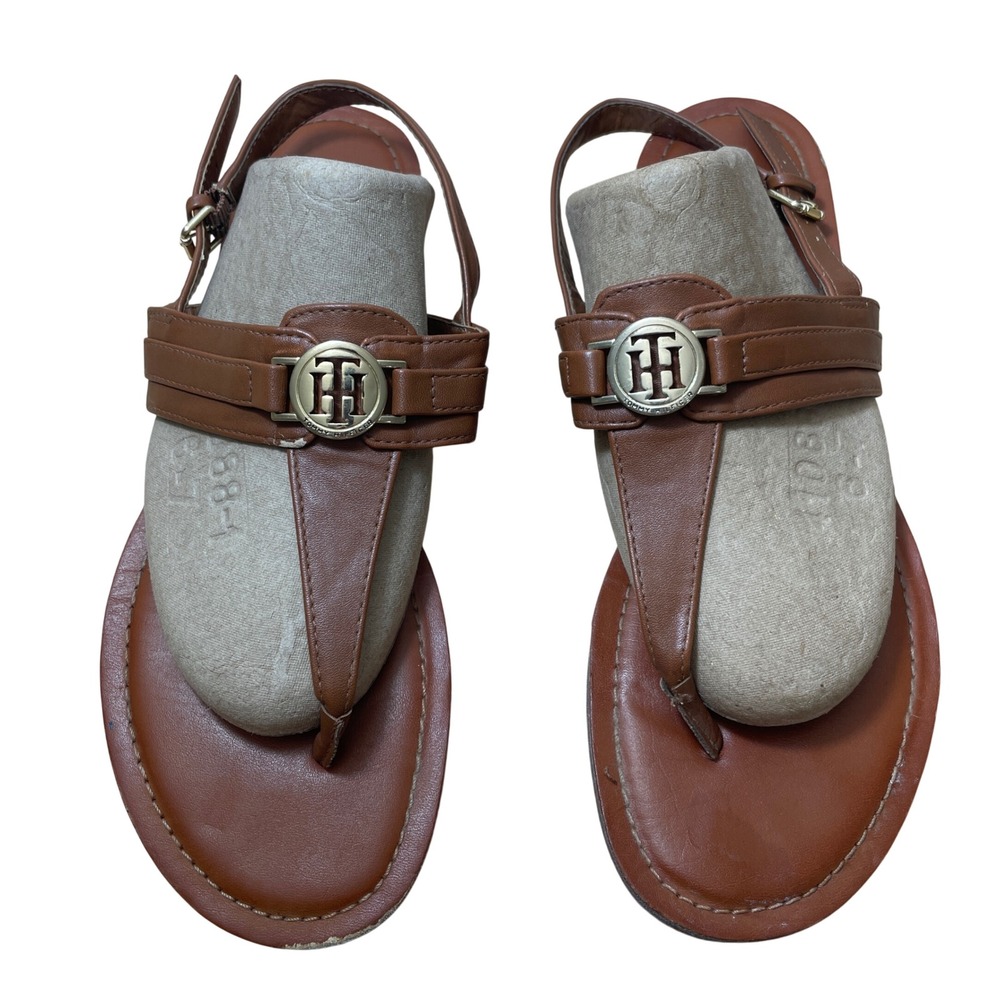 Tommy Hilfiger Womens Brown Faux Leather T-Strap Slingback Sandals‎ Size 9M